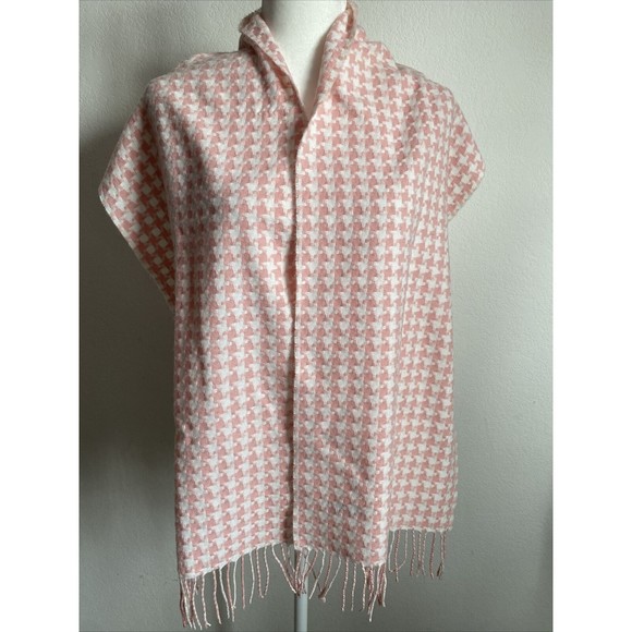 Unbranded Accessories - Vtg Cashmere Scarf Pink & White Houndstooth Check Fringed Wrap Made in England